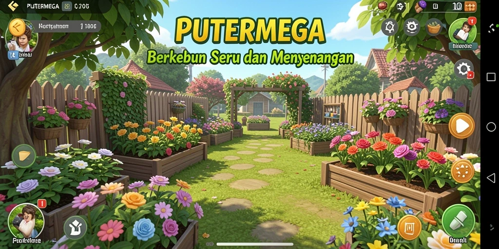 Screenshot gameplay PUTERMEGA menampilkan kebun yang indah dan tanaman yang subur.